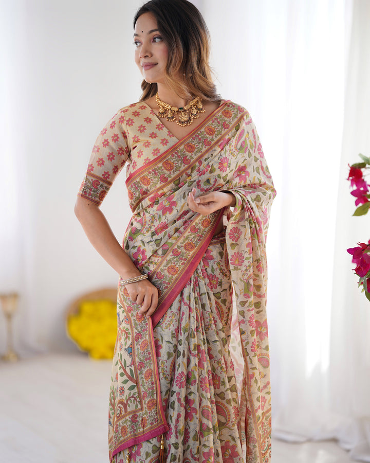 Cream Pink Handloom Linen Cotton Printed Saree with Folk Art Bird Motif Pallu