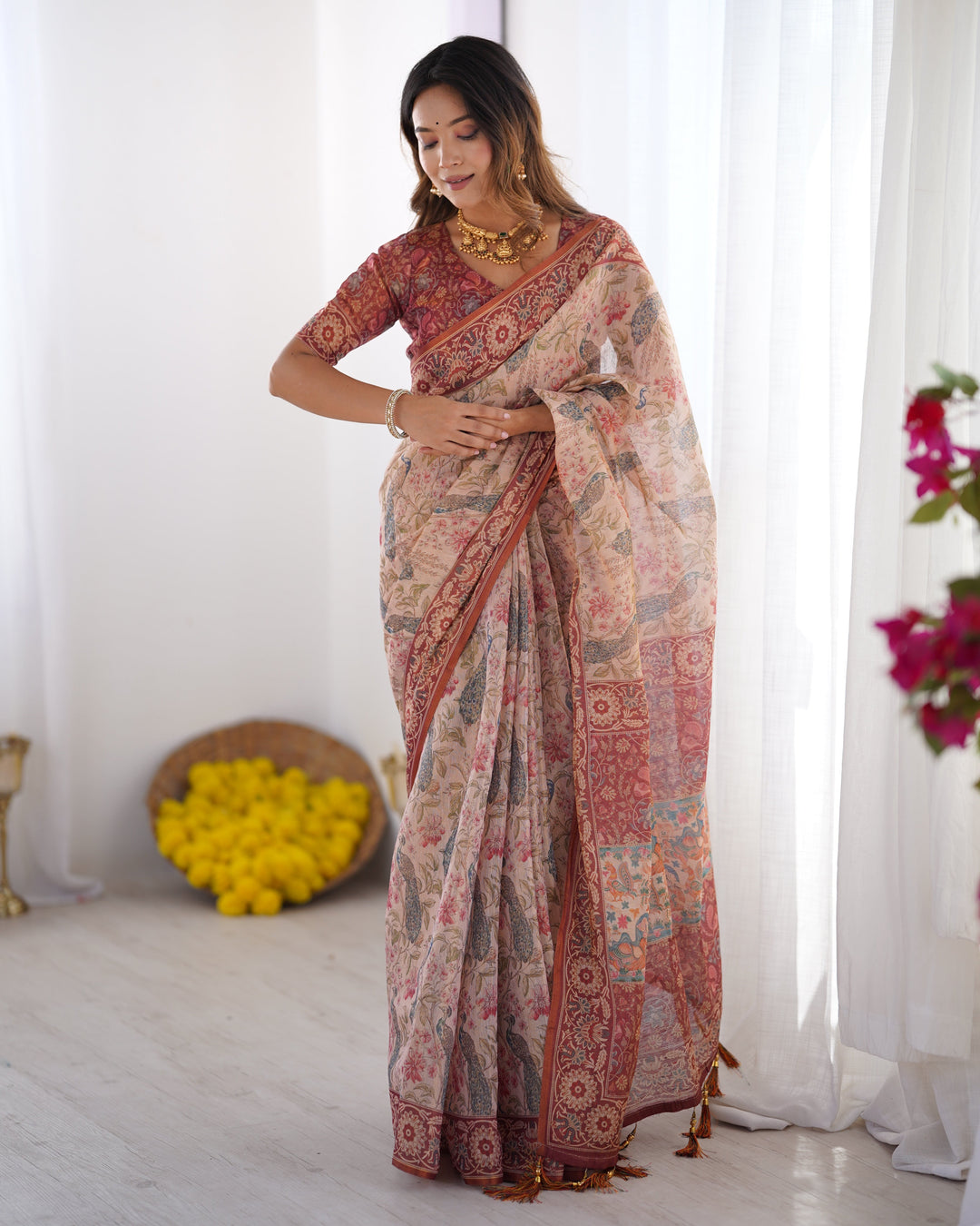 Blush Cream Handloom Linen Cotton Saree with Artistic Bird Motif Pallu