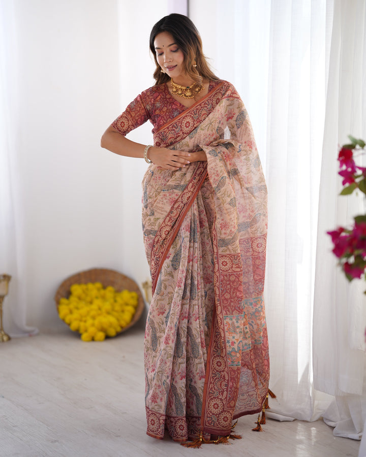 Blush Cream Handloom Linen Cotton Saree with Artistic Bird Motif Pallu