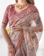 Blush Cream Handloom Linen Cotton Saree with Artistic Bird Motif Pallu
