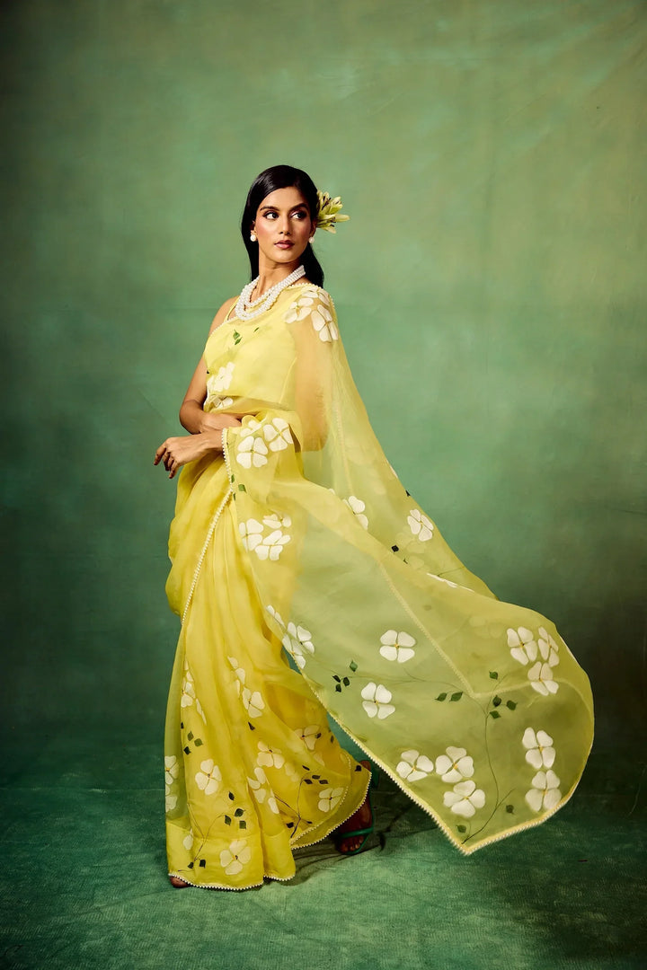 Lemon Yellow Pure Organza Saree with Hand-Painted White Floral Motifs & Sequin Detailing | Modal Satin Blouse