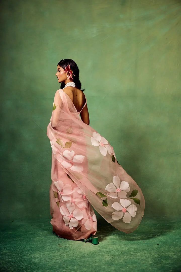 Blush Pink Pure Organza Hand-Painted Saree with White Floral Motifs & Sequins | With Modal Satin Blouse