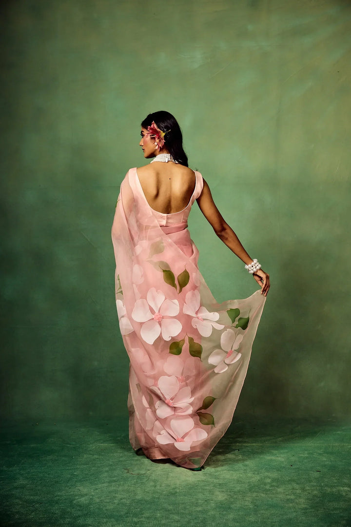 Blush Pink Pure Organza Hand-Painted Saree with White Floral Motifs & Sequins | With Modal Satin Blouse