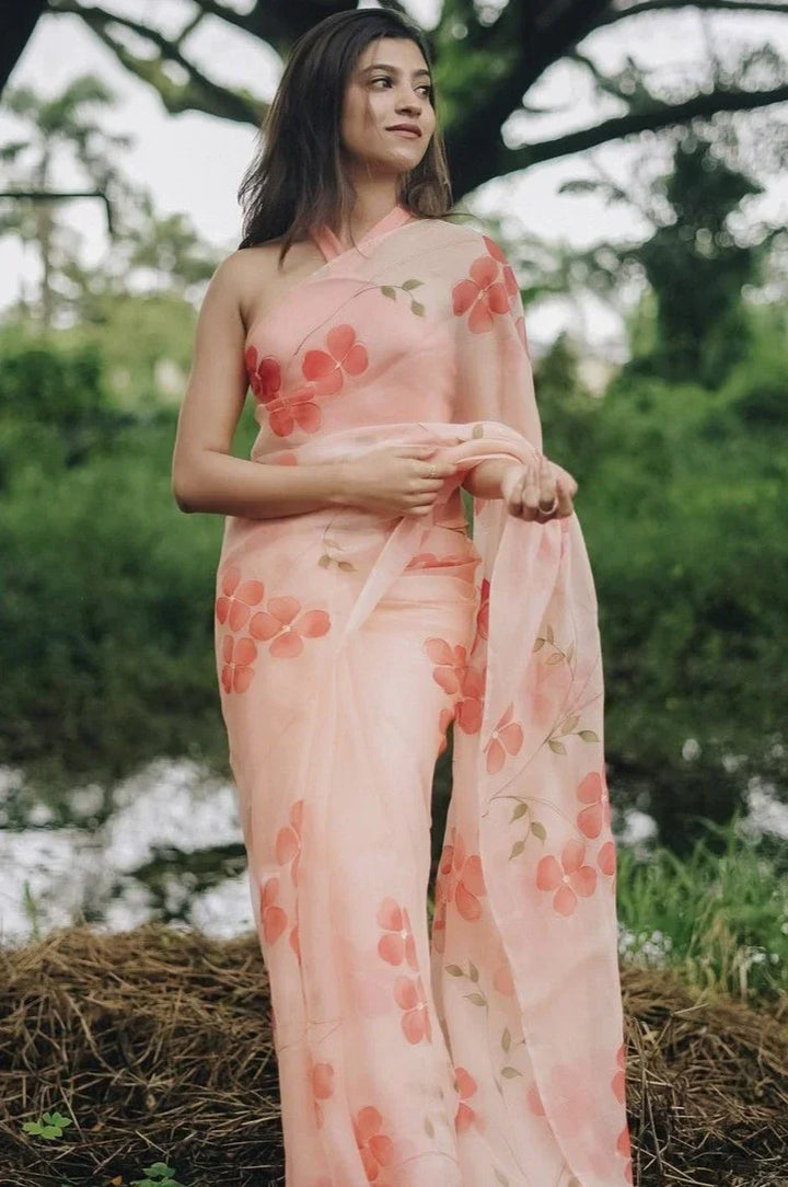 Peach Blossom Hand-Painted Pure Organza Saree with White Sequin Floral Motifs & Modal Satin Blouse