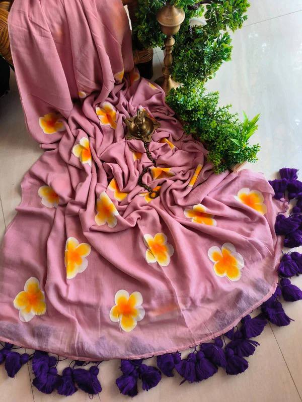 Elegant Linen Saree with Sunflower Print and Tassel Border – Lightweight Summer Wear