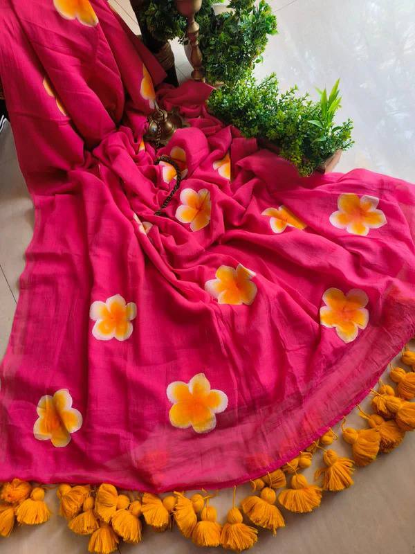 Elegant Linen Saree with Sunflower Print and Tassel Border – Lightweight Summer Wear