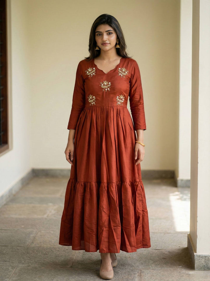 Festive Wear Rust Roman Fabric Anarkali Gown | Elegant Long Dress for Women