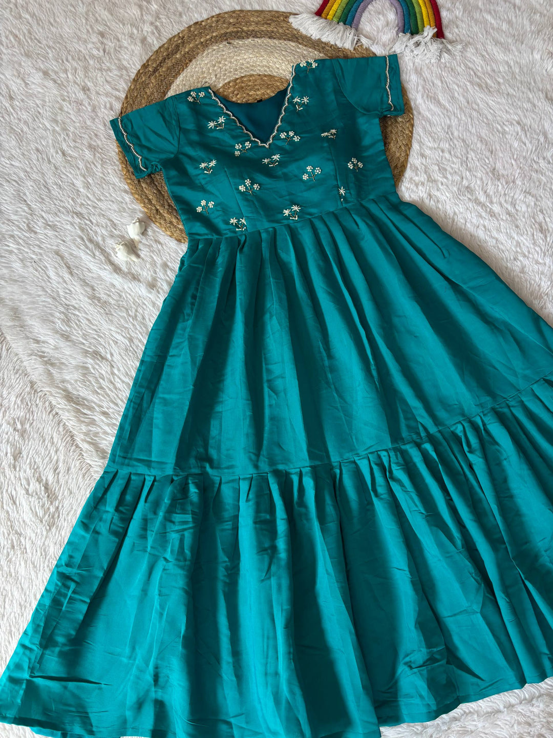 Elegant Rama Green Ethnic Gown for Women – Handworked Moti & Kardana Long Dress