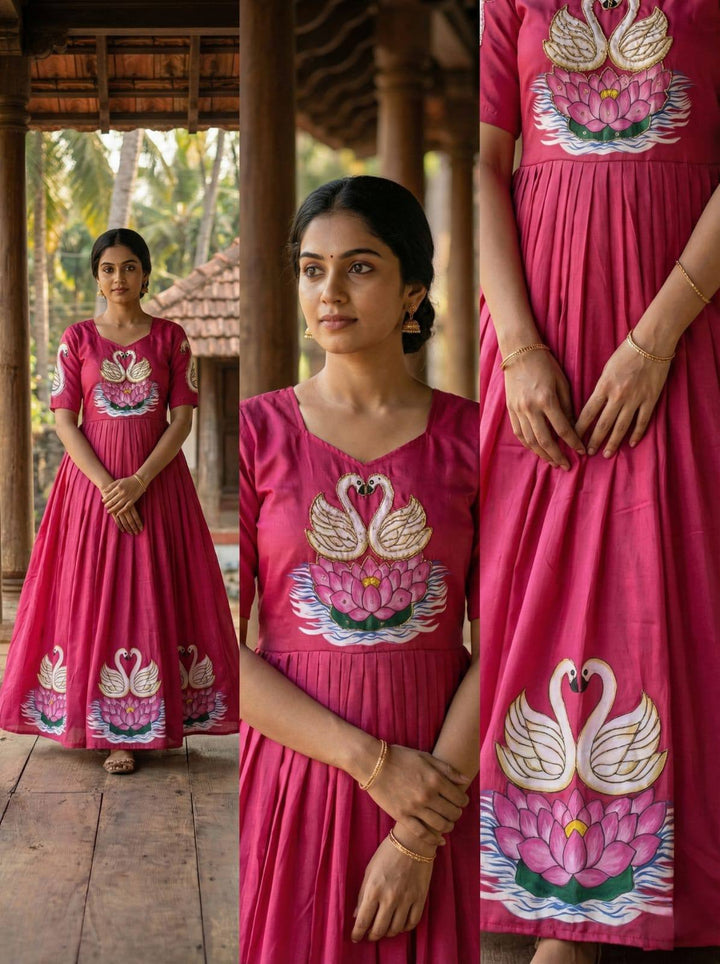 Graceful Pink Muslin Gown with Swan Art & Khatli Handwork