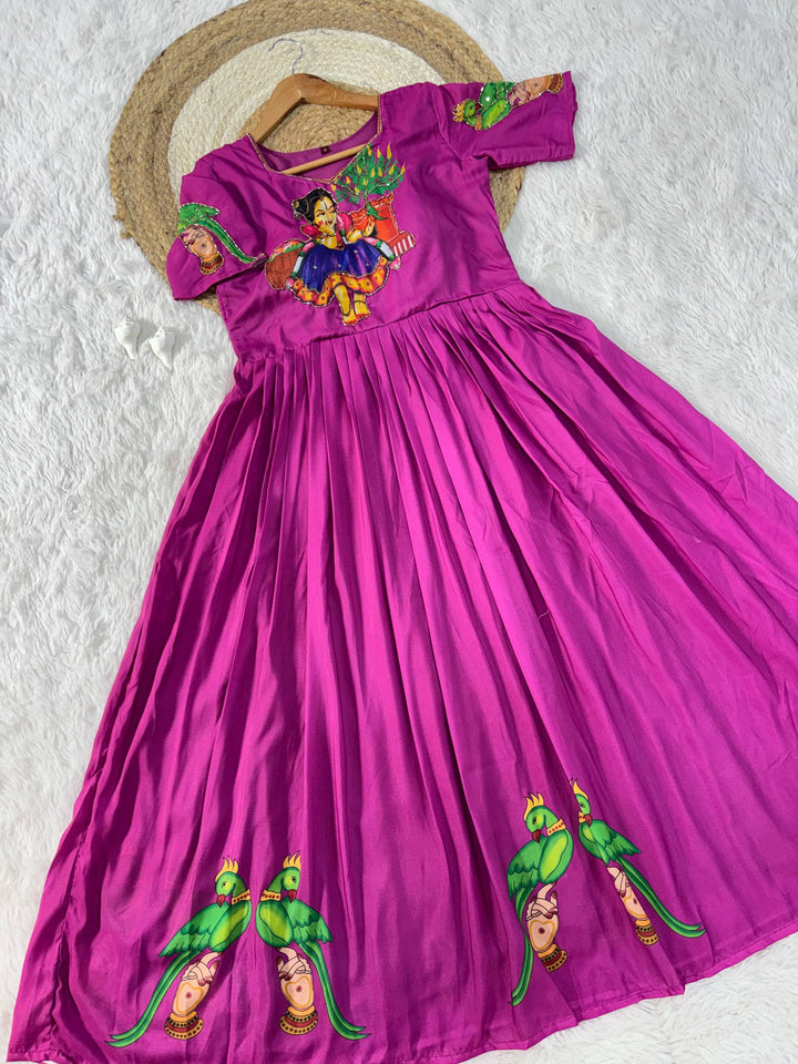 Purple Kalamkari Printed Maslin Gown with Khatli Handwork, Moti & Beads