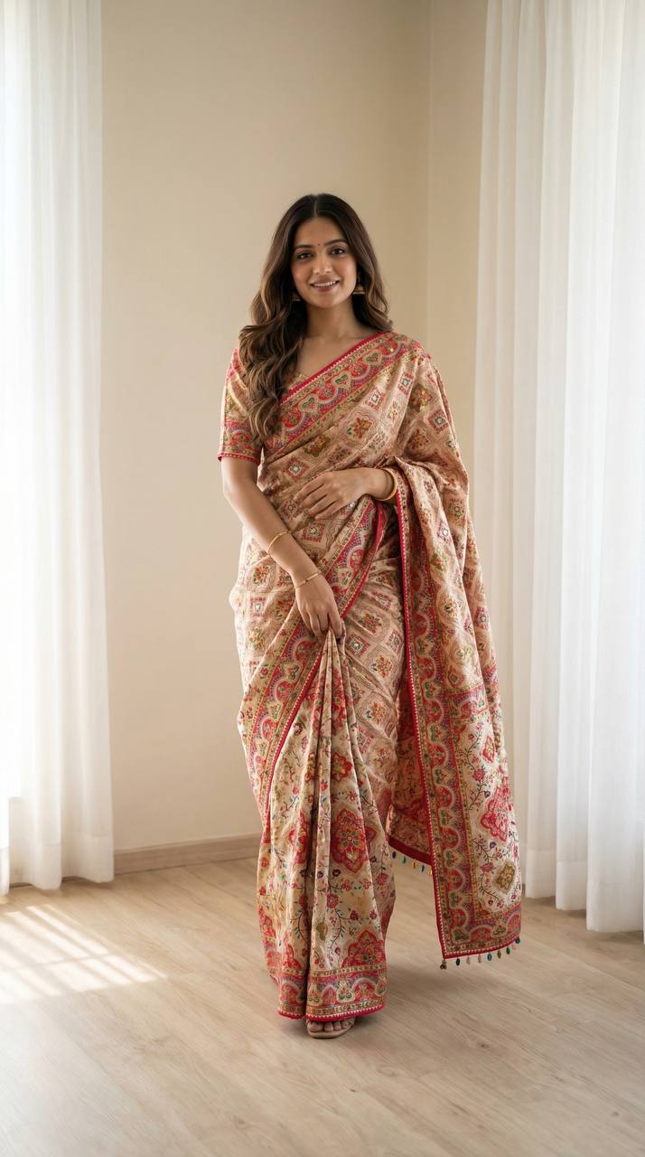 Beige Floral Heritage Print Modal Silk Saree with Intricate Border, Multicolor Motifs & Tassel Detailing