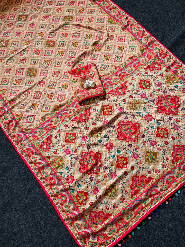 Beige Floral Heritage Print Modal Silk Saree with Intricate Border, Multicolor Motifs & Tassel Detailing