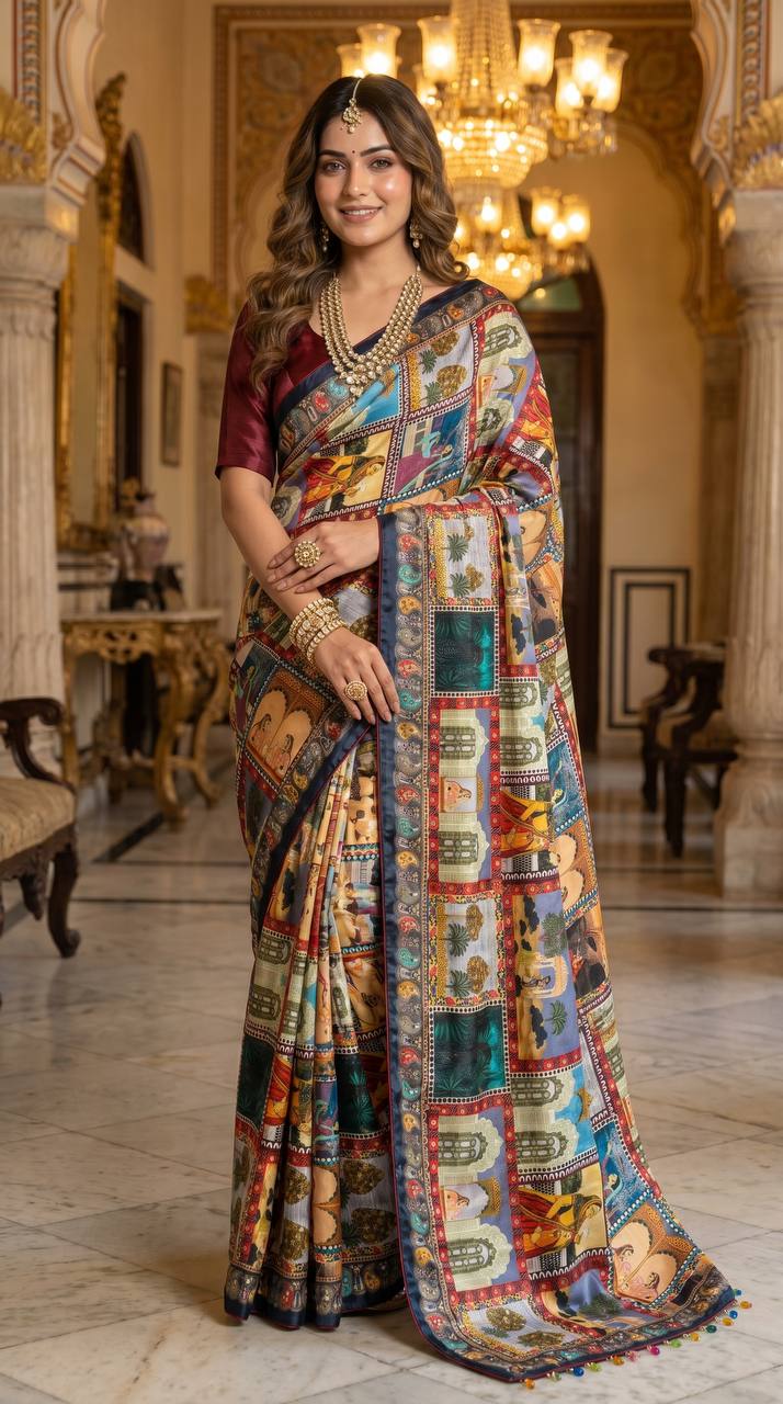 Multicolor Heritage Print Modal Silk Saree with Artistic Storytelling Motifs, Patchwork-Inspired Design & Tassel Detailing