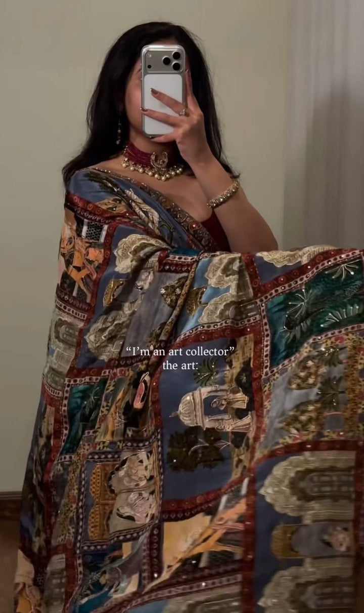 Multicolor Heritage Print Modal Silk Saree with Artistic Storytelling Motifs, Patchwork-Inspired Design & Tassel Detailing