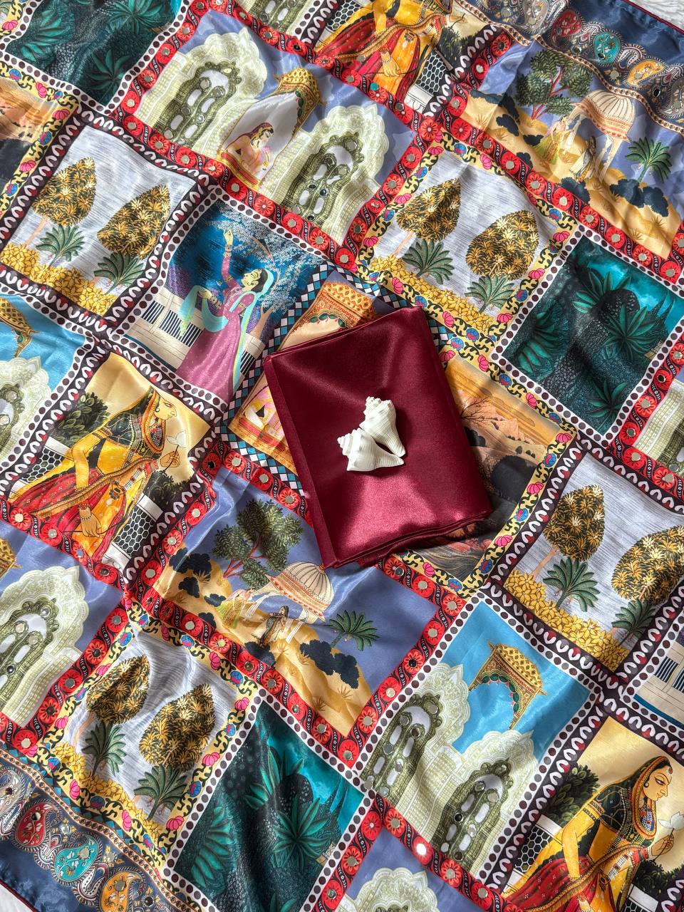 Multicolor Heritage Print Modal Silk Saree with Artistic Storytelling Motifs, Patchwork-Inspired Design & Tassel Detailing