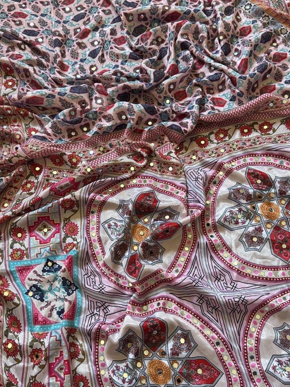 Dusty Rose Heritage Print Modal Silk Saree with Intricate Floral Motifs, Ornamental Pallu & Multicolor Tassel Detailing