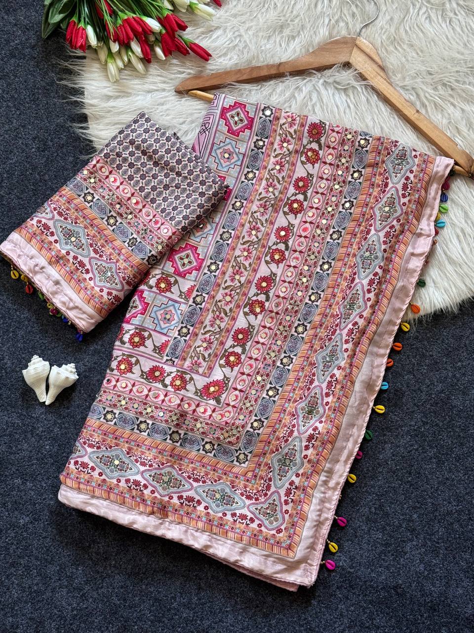 Dusty Rose Heritage Print Modal Silk Saree with Intricate Floral Motifs, Ornamental Pallu & Multicolor Tassel Detailing