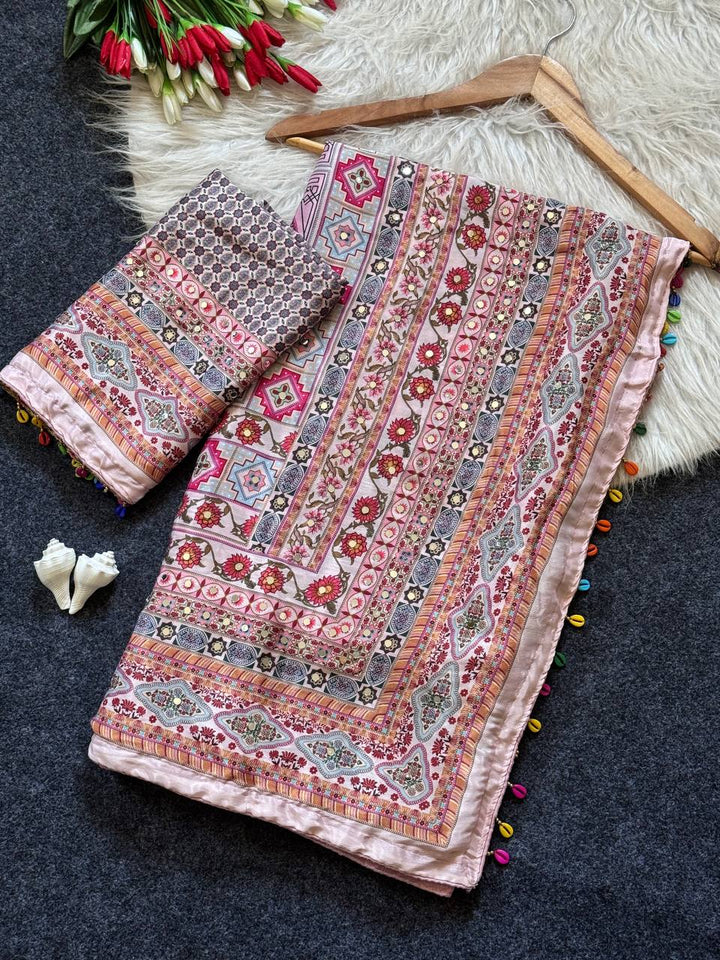Dusty Rose Heritage Print Modal Silk Saree with Intricate Floral Motifs, Ornamental Pallu & Multicolor Tassel Detailing