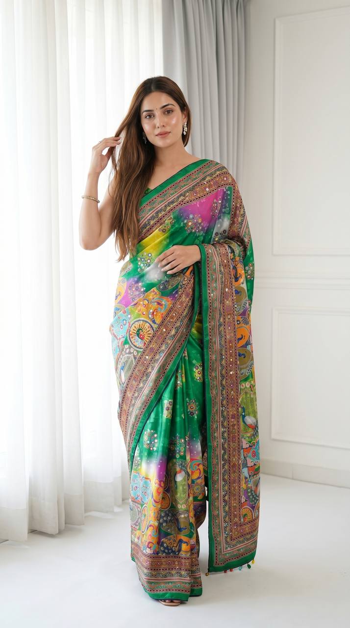 Emerald Green Artistic Digital Print Modal Silk Saree with Heritage Border, Multicolor Motifs & Decorative Tassels