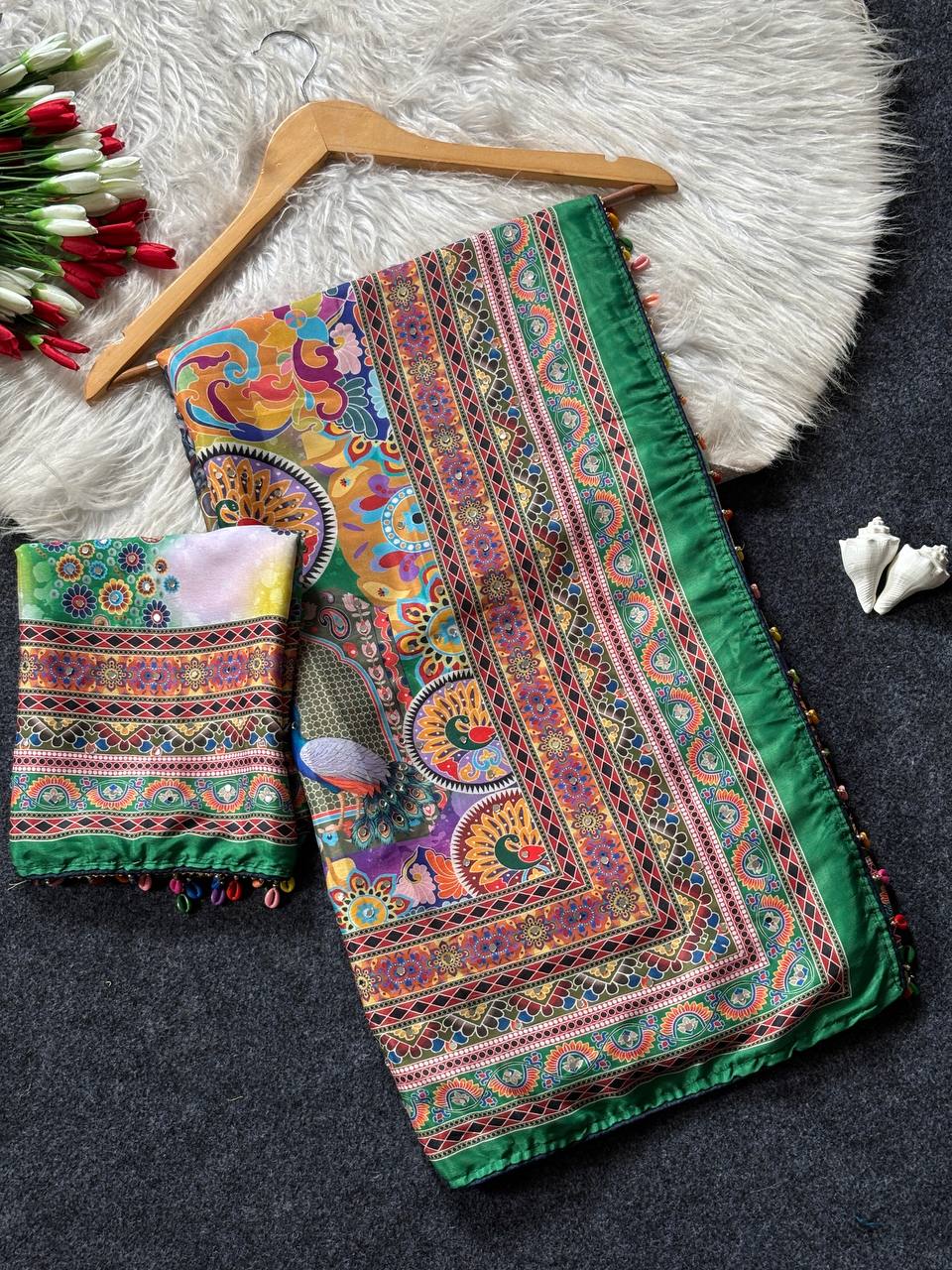 Emerald Green Artistic Digital Print Modal Silk Saree with Heritage Border, Multicolor Motifs & Decorative Tassels