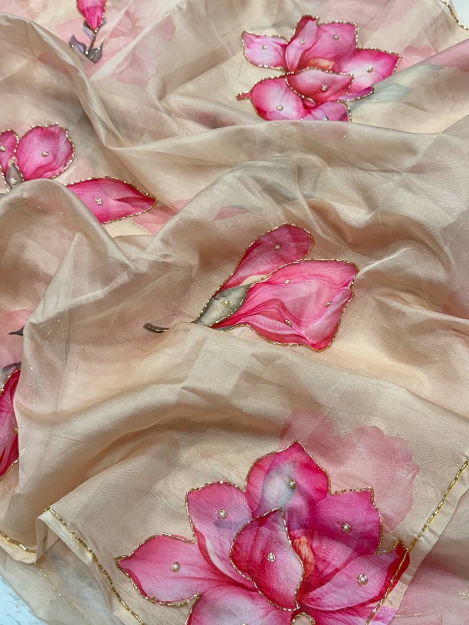Light & Airy Organza Saree with Intricate Floral Patterns & Designer Finish