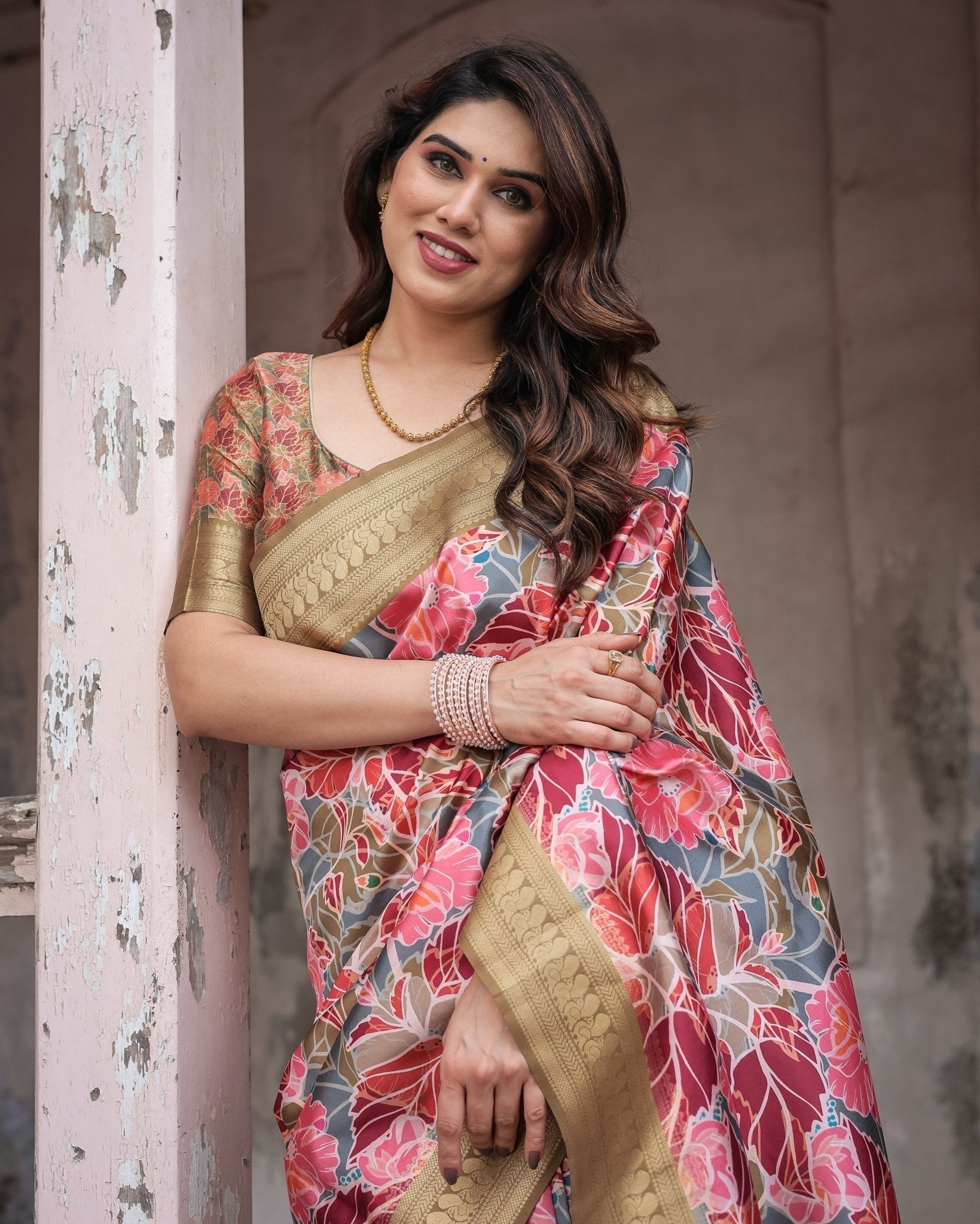 Gold Banarasi Silk Saree with Bold Floral Print and Intricate Zari Border