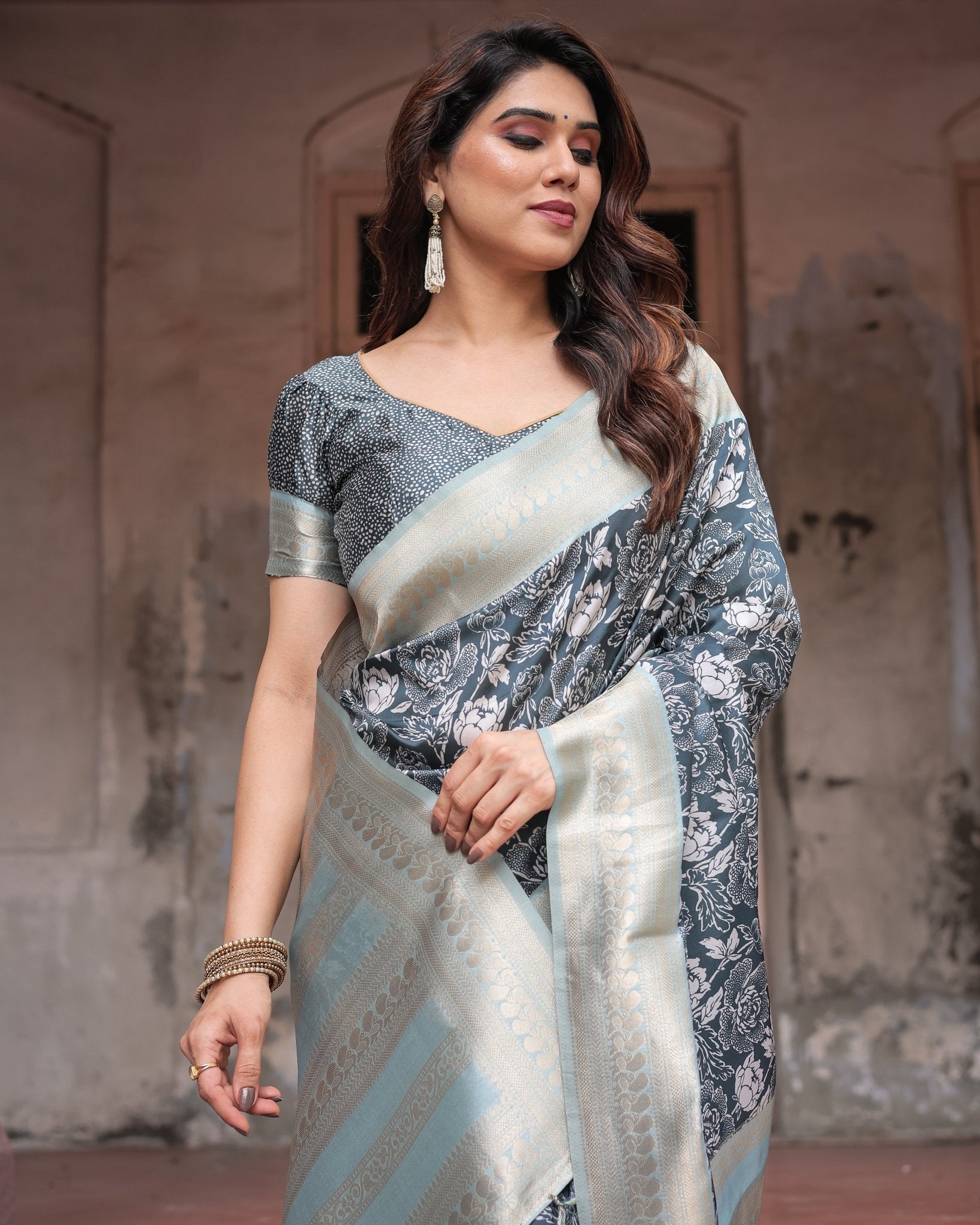 Sophisticated Floral Banarasi Silk Saree with Light Blue Zari Border