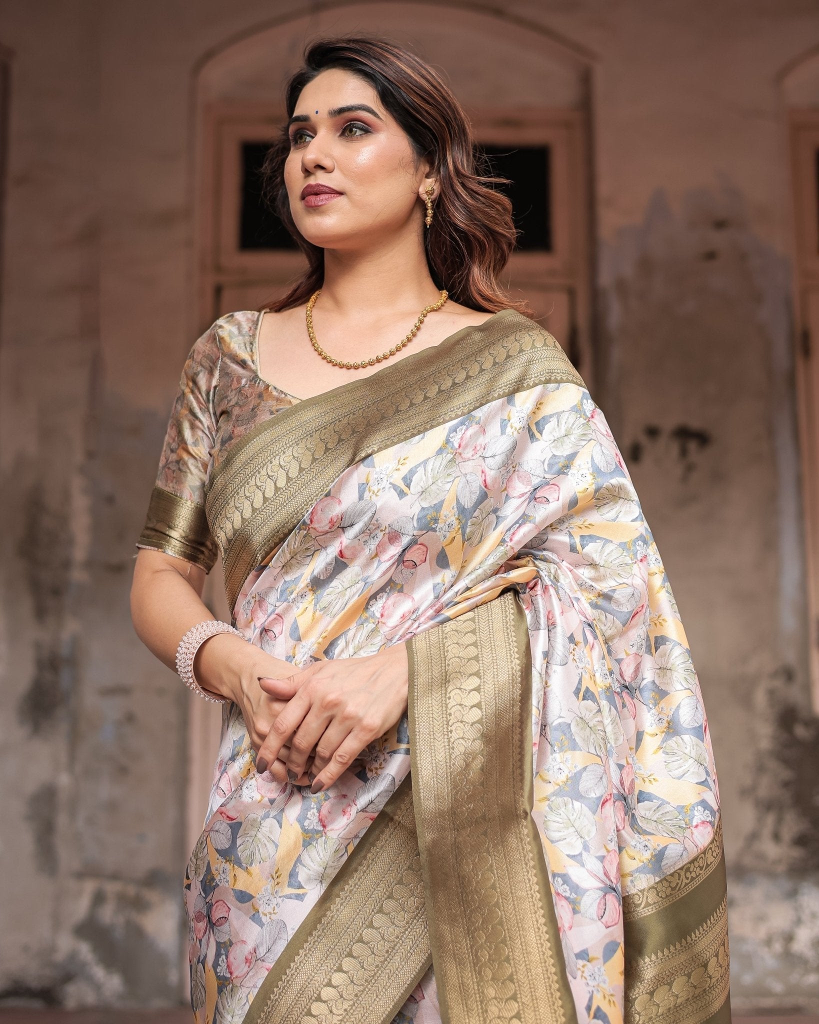 Ivory Banarasi Silk Saree with Gold Zari Border and Multicolor Floral Design