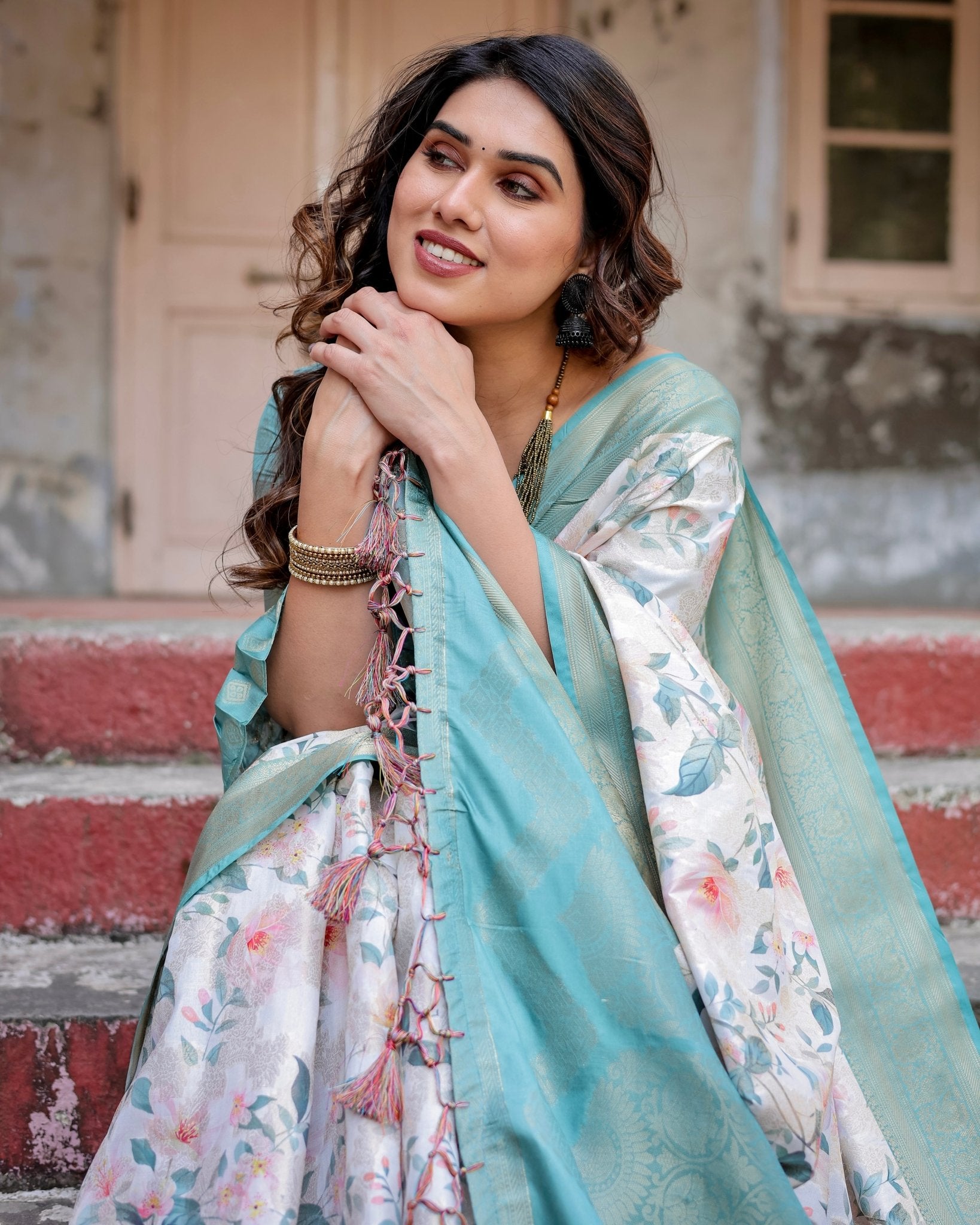 White and Aqua Floral Digital Print Banarasi Silk Saree with Zari Weave and Tassel-Adorned Pallu