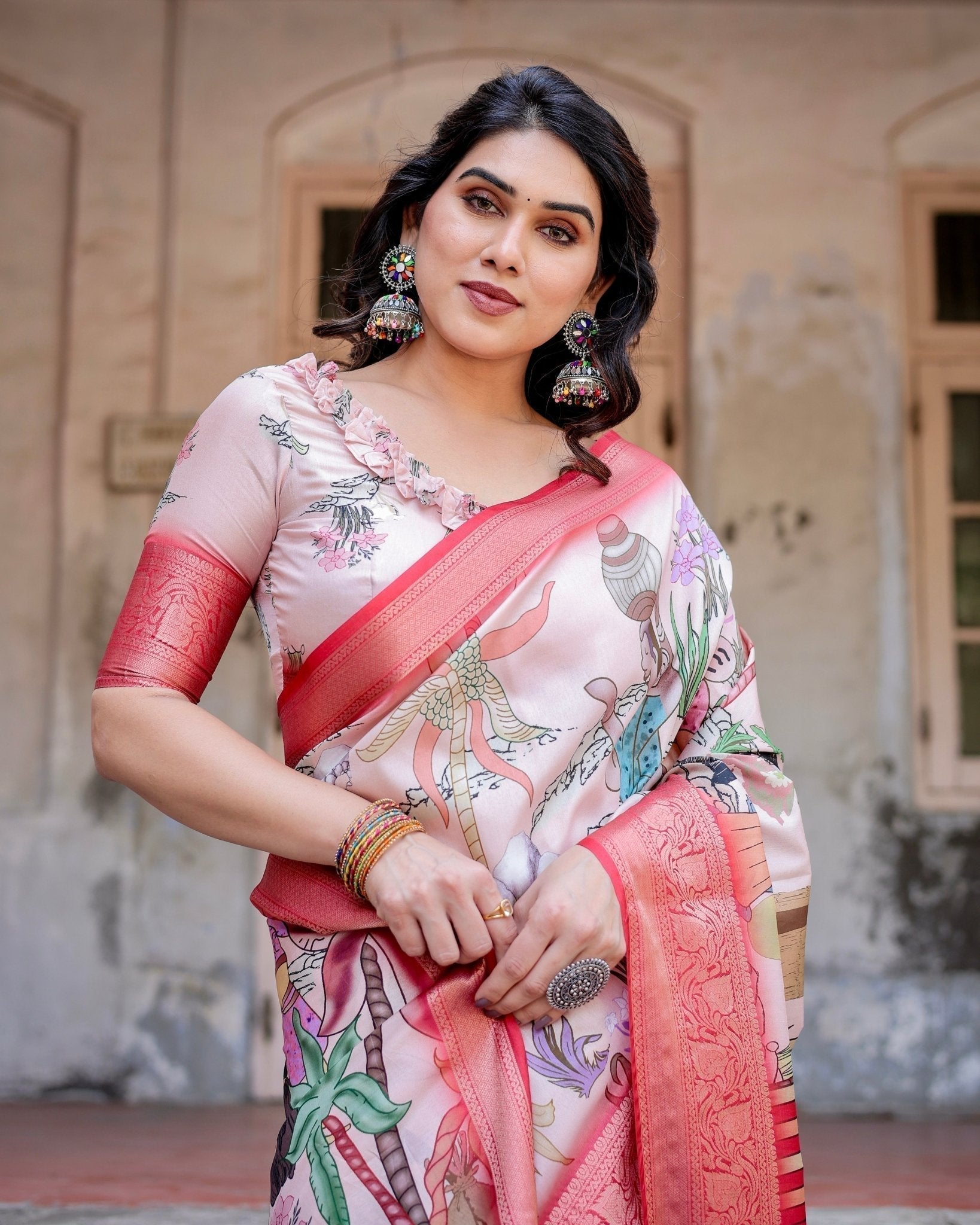 Blush Pink Digital Print Tussar Silk Saree with Vibrant Storyline Art
