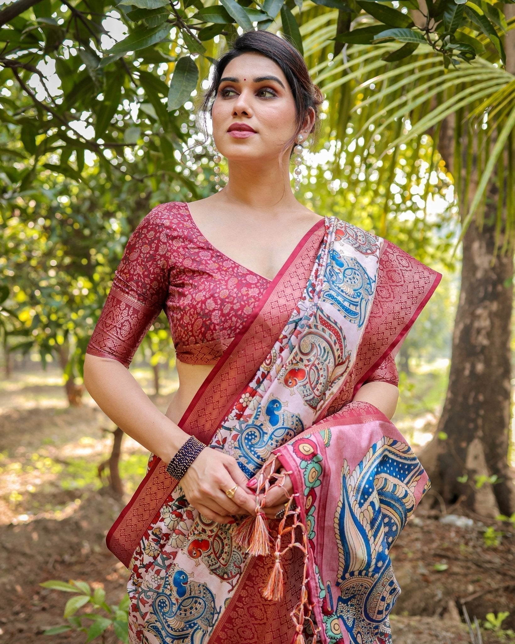 Blush Pink Digital Print Tussar Silk Saree with Zari Border and Peacock Motif Pallu