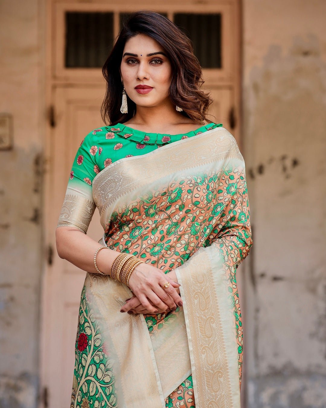 Emerald Green and Gold Tussar Silk Saree with Floral and Ornamental Motifs