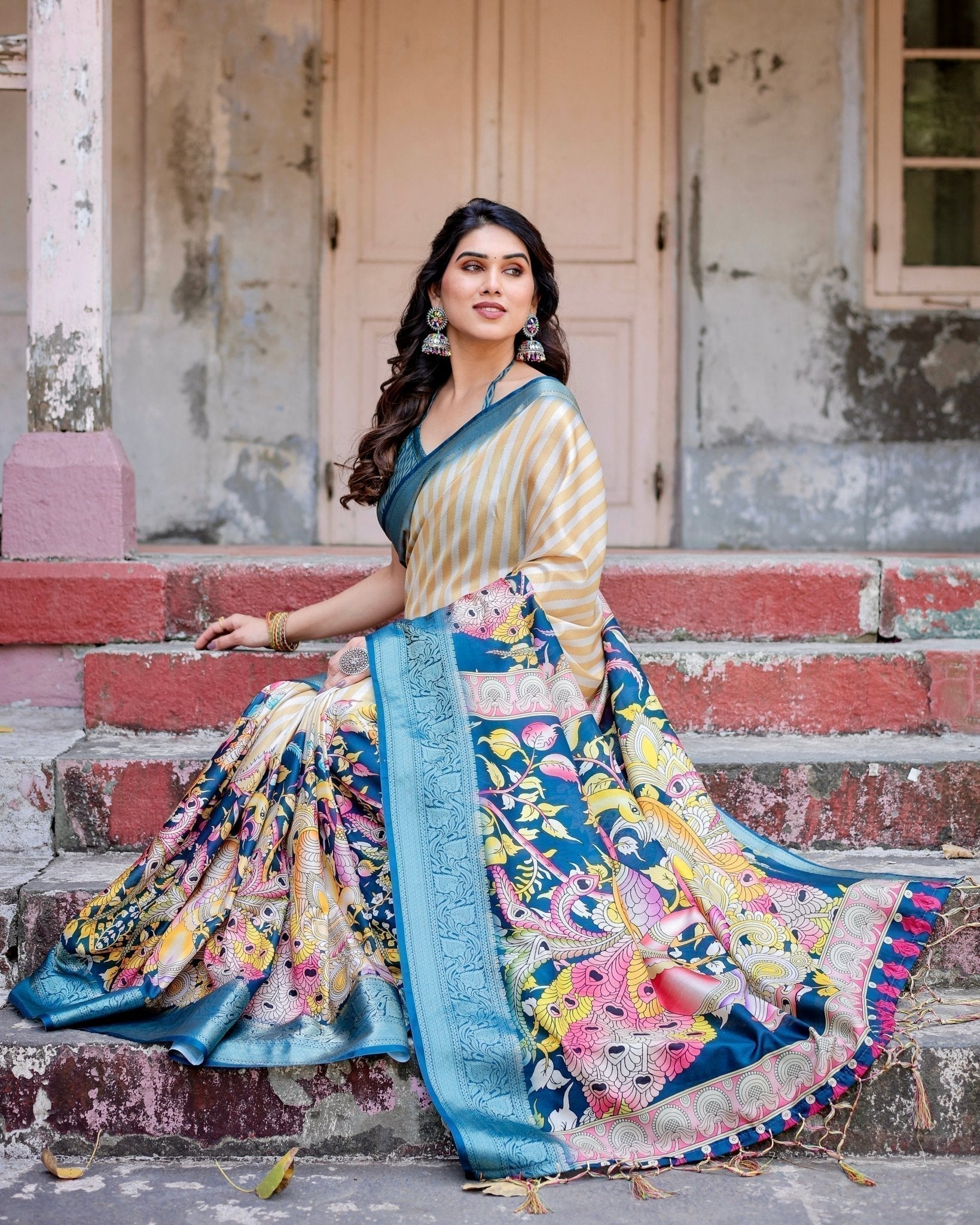 Beige & Teal Tussar Silk Saree with Intricate Kalamkari and Zari Border