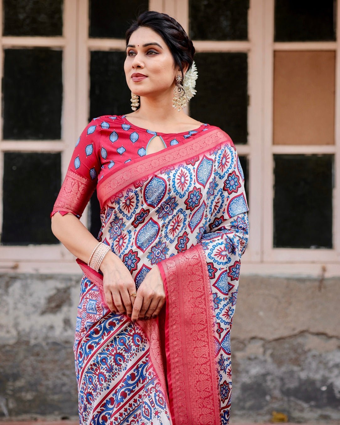 White and Red Tussar Silk Saree with Vibrant Floral Geometric Motifs and Ornamental Zari Border