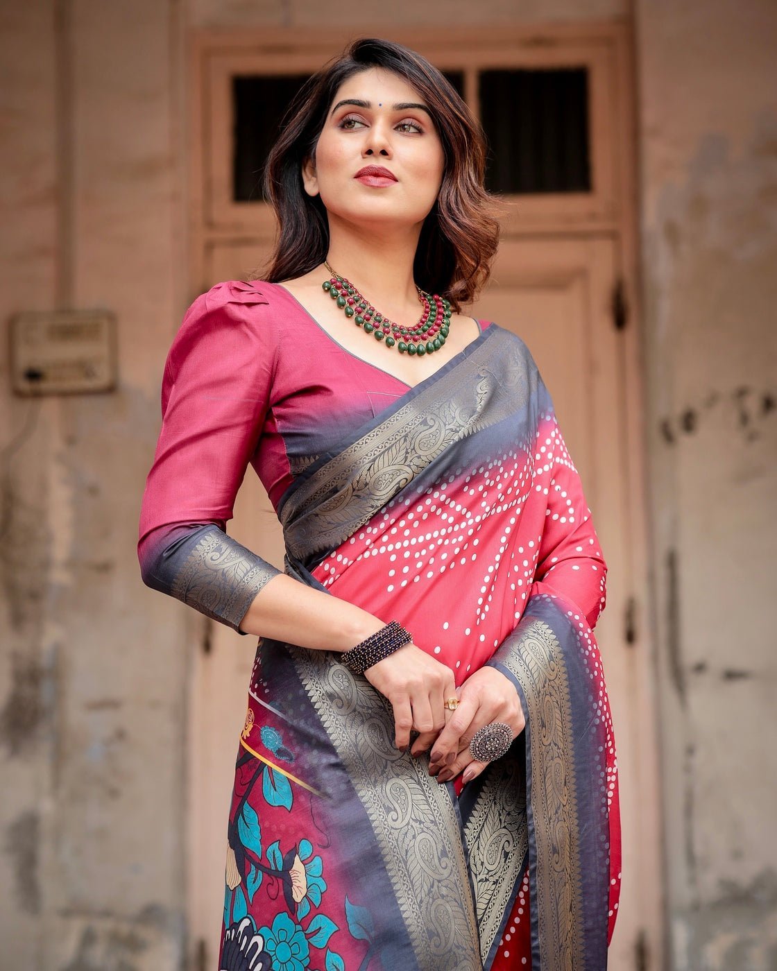 Crimson Red Tussar Silk Saree with Bandhani Patterns, Zari Border, and Vibrant Artistic Pallu