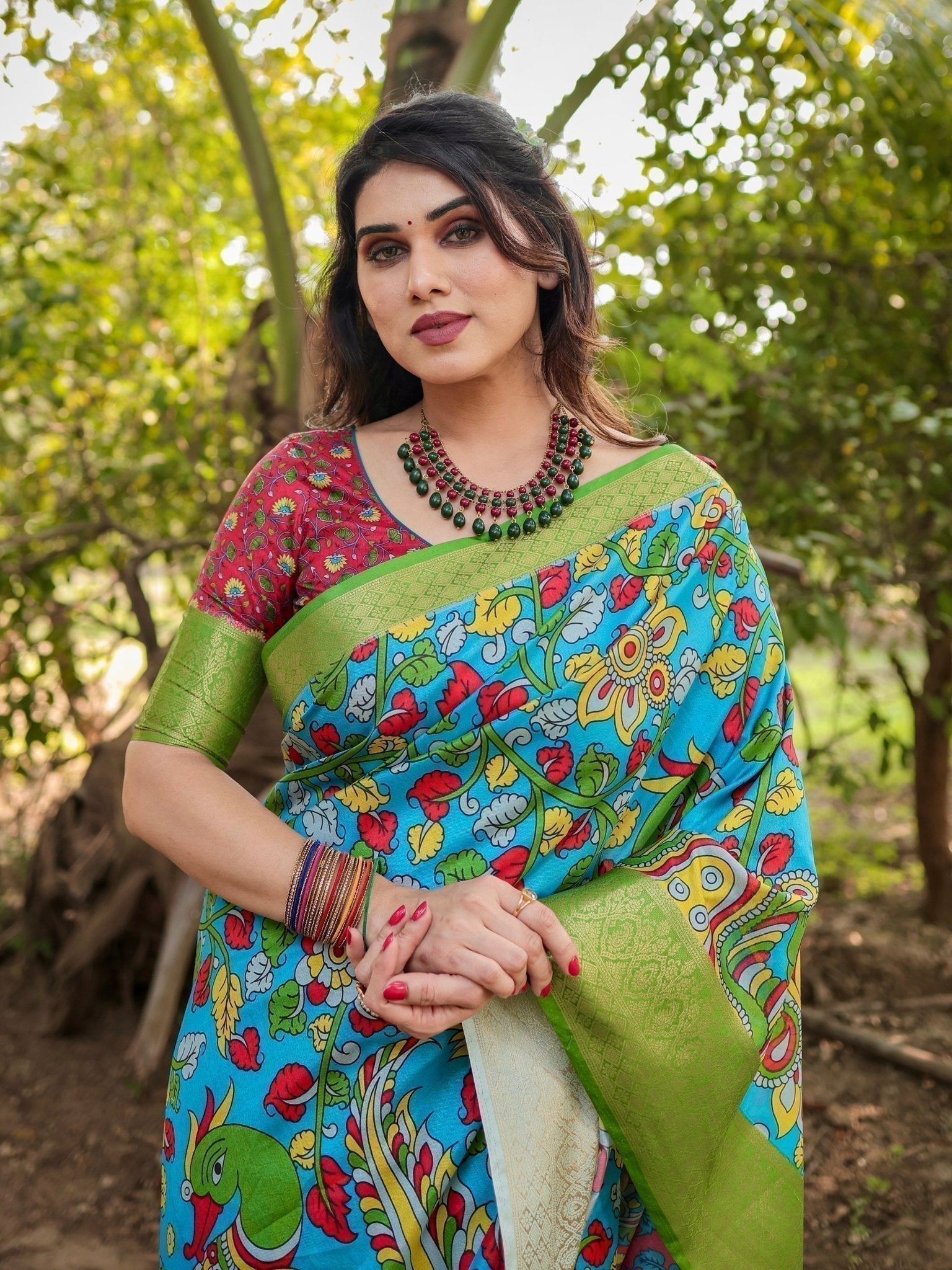 Vibrant Peacock Motif Blue and Green Tussar Silk Saree with Zari Border