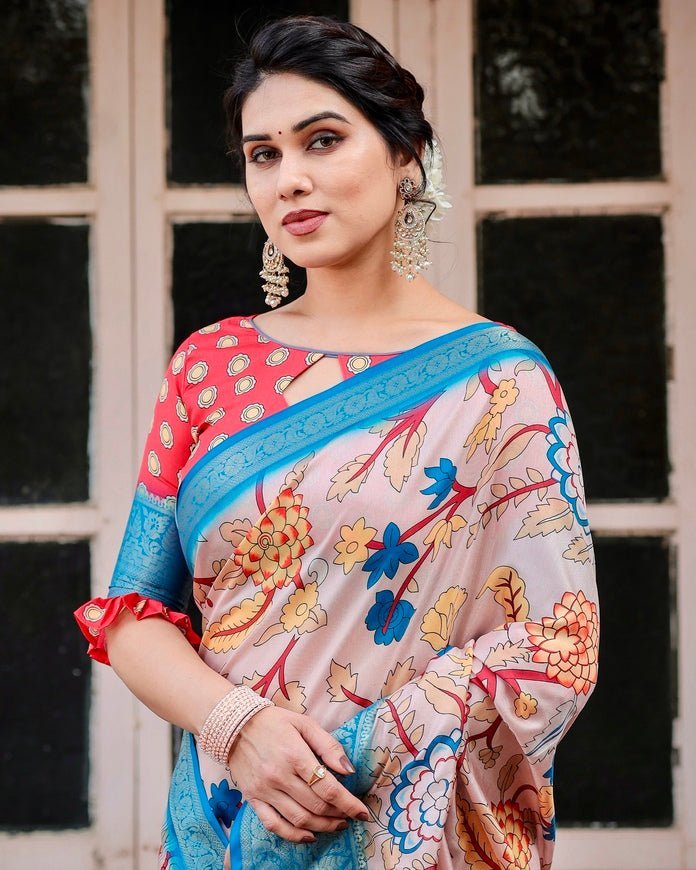 Beige and Red Tussar Silk Saree with Divine Motifs and Floral Zari Border