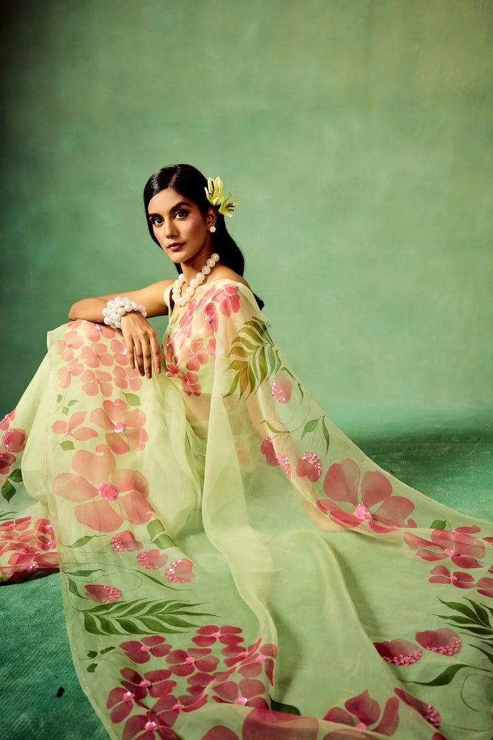 Mint Green Pure Organza Saree with Hand-Painted Pink Floral Motifs & Sequin Detailing | Satin Blouse