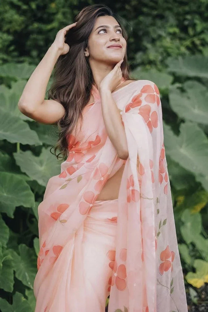 Peach Blossom Hand-Painted Pure Organza Saree with White Sequin Floral Motifs & Modal Satin Blouse