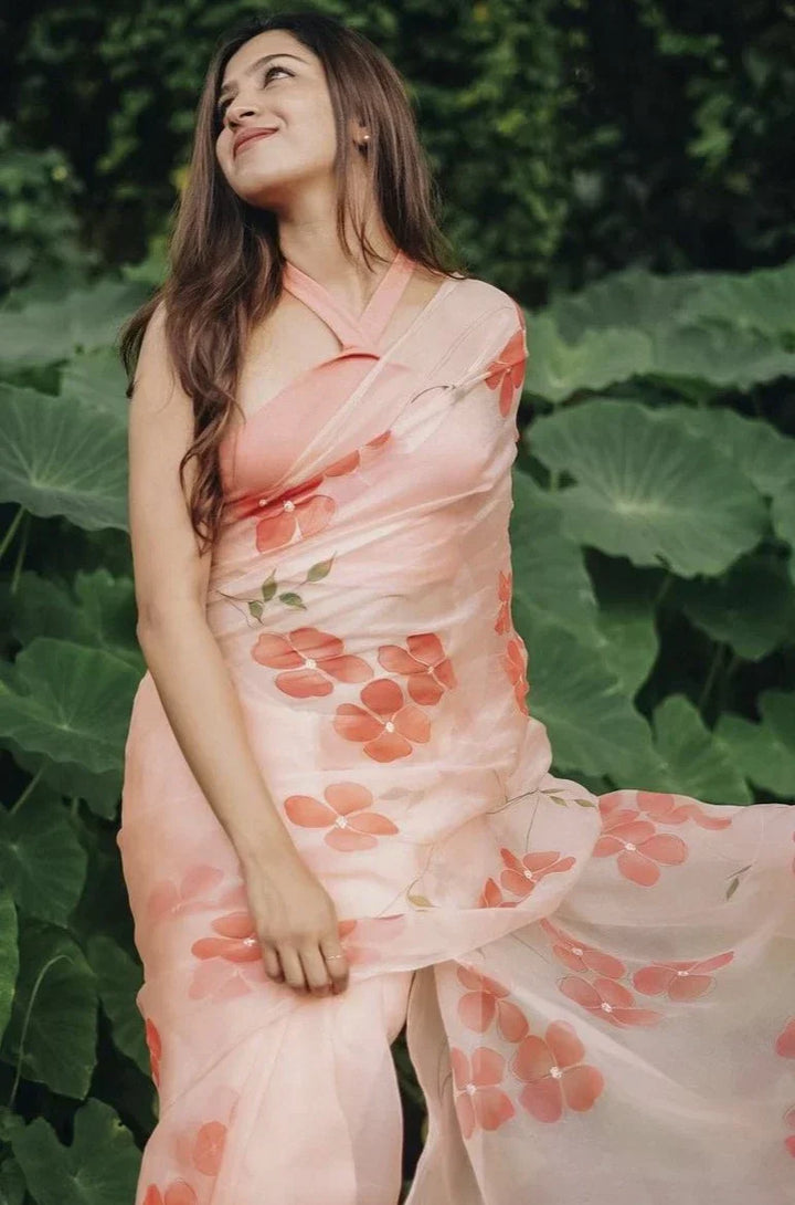Peach Blossom Hand-Painted Pure Organza Saree with White Sequin Floral Motifs & Modal Satin Blouse